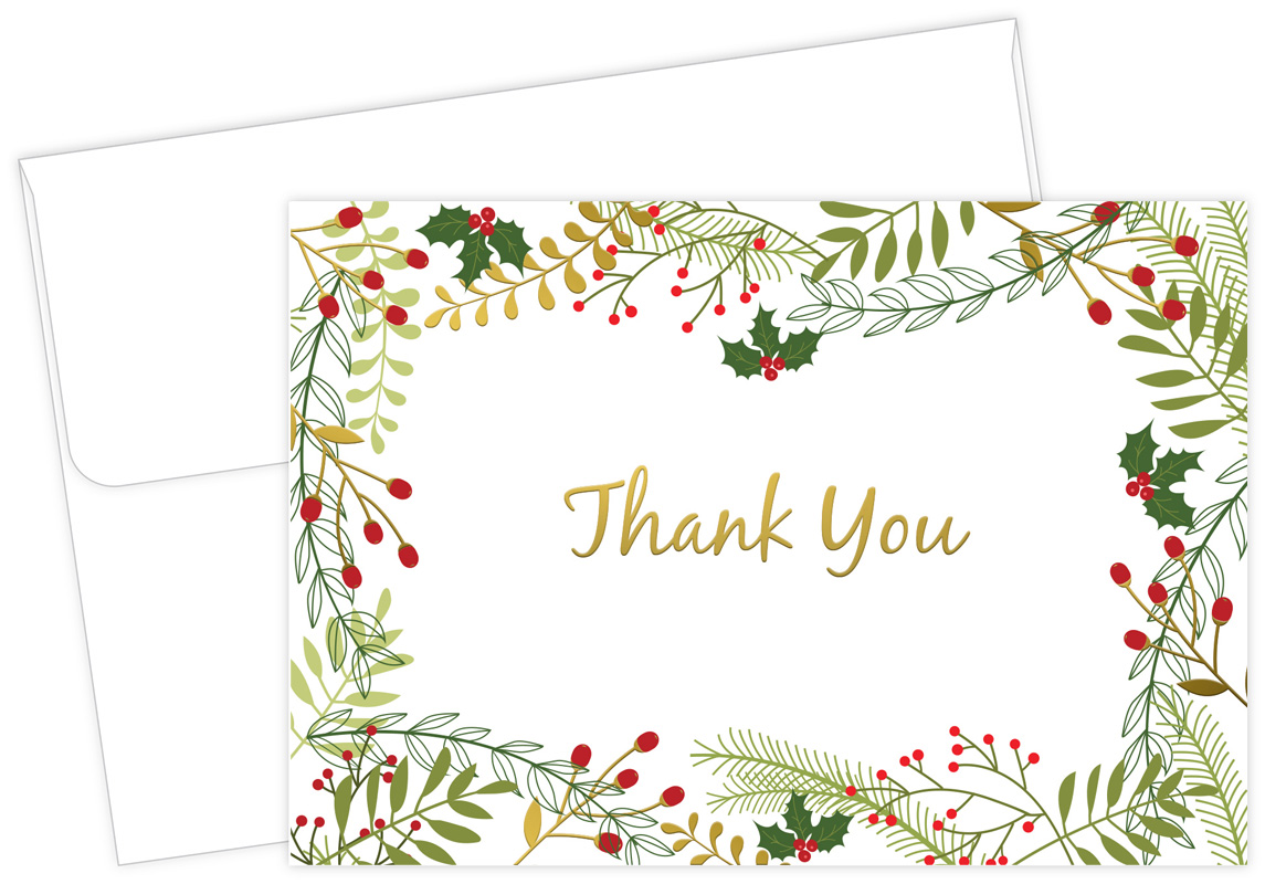 Merry Twigs and Holly Foil Thank You Card - 50 Count